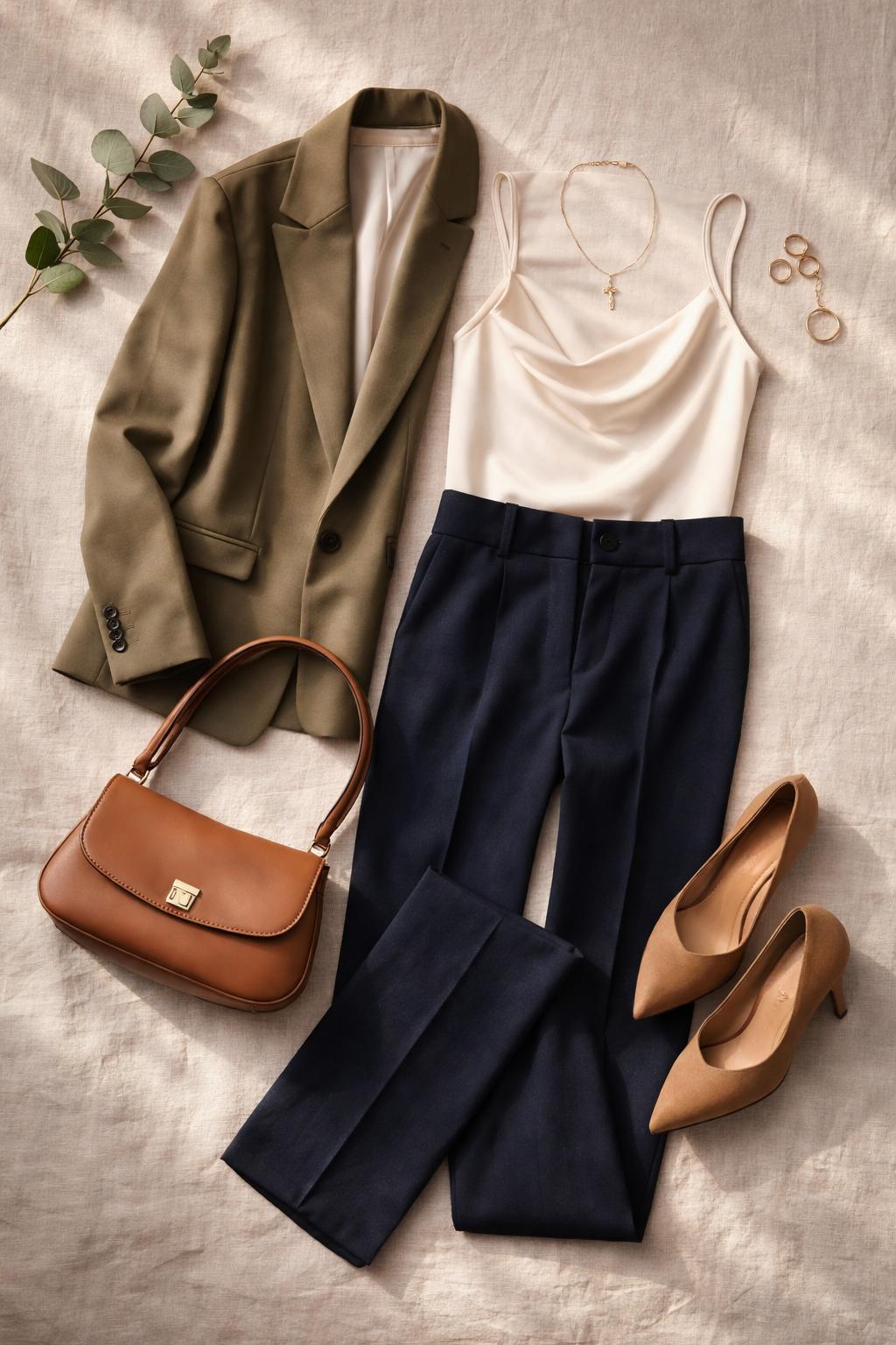 A complete curated outfit of the day laid out on warm linen