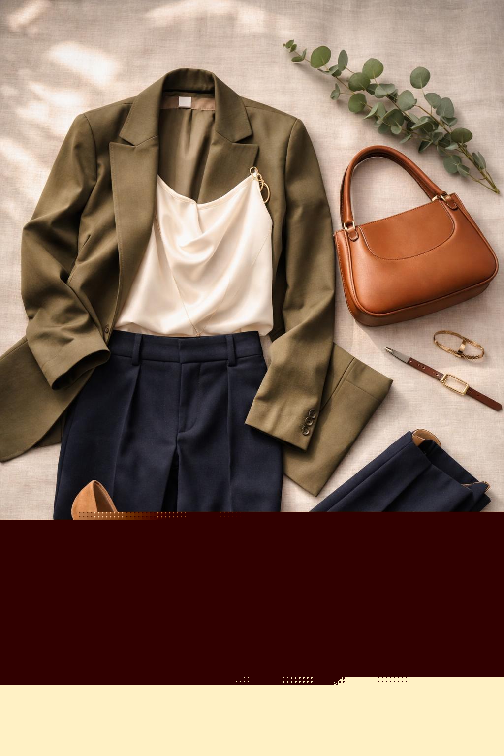A complete curated outfit of the day laid out on warm linen