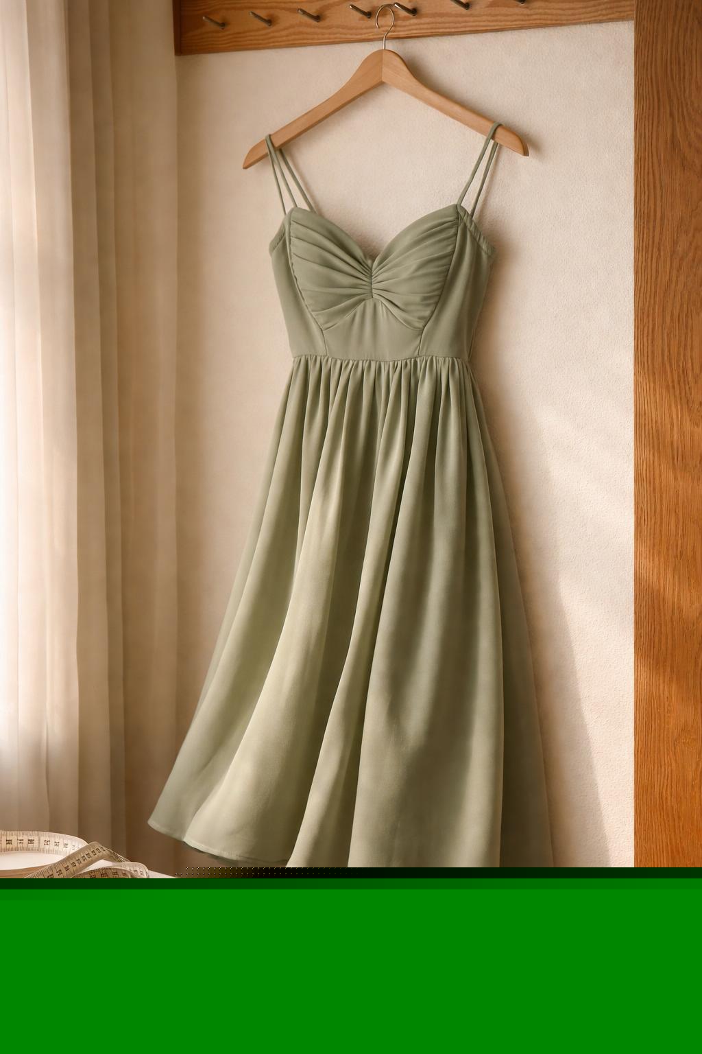 A sage-green dress studied closely on a hanger with a tape measure and fabric swatches nearby