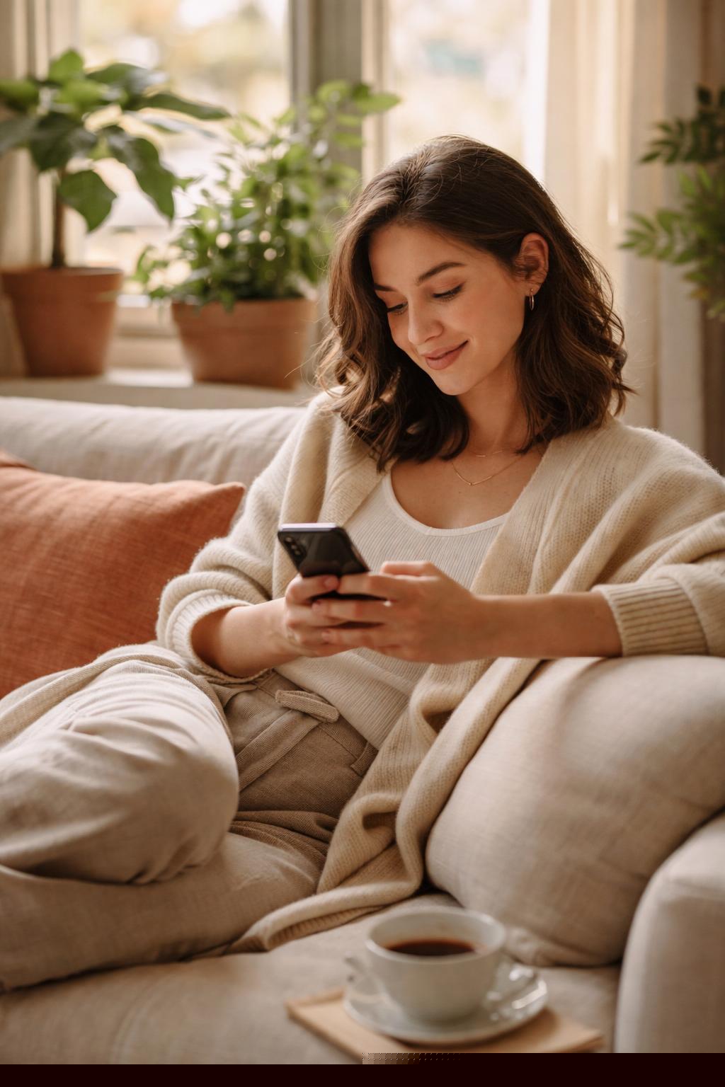 A woman relaxing by a sunlit window chatting with the Drezily assistant on her phone