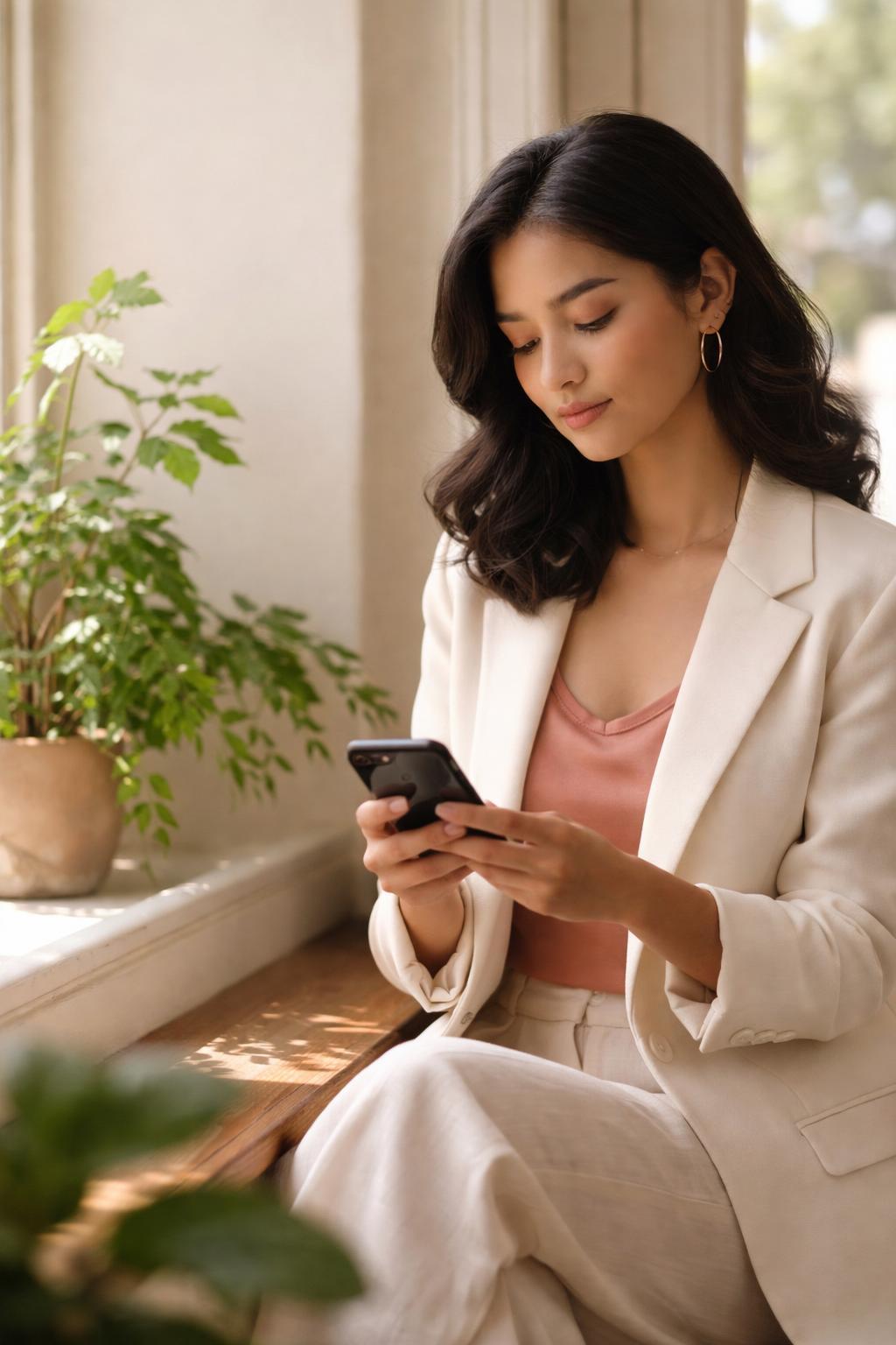 A woman by a sunlit window shopping with the Drezily AI assistant on her phone