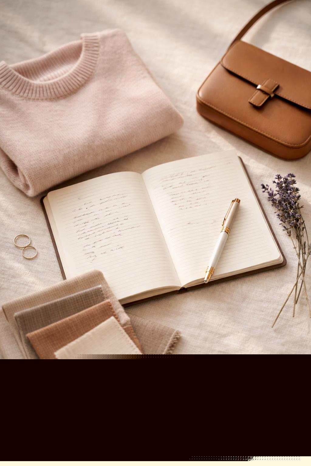 A tidy flat-lay of a style notebook, folded sweater, leather accessory and fabric swatches