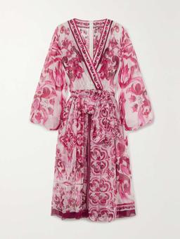 Maiolica belted wrap-effect printed silk-georgette midi dress