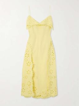 Leather-trimmed broderie anglaise midi dress