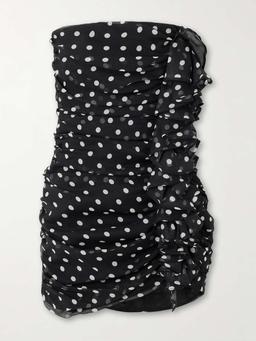 Strapless ruched polka-dot silk-crepon mini dress