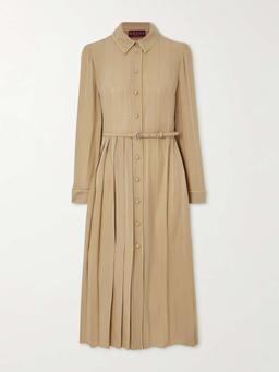 Belted pleated silk-jacquard midi shirt dress