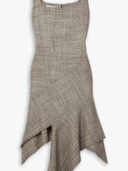 Asymmetric paneled frayed wool-tweed dress