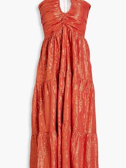 Rika metallic striped cotton-blend halterneck midi dress