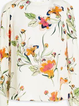 Cutout floral-print silk crepe de chine blouse