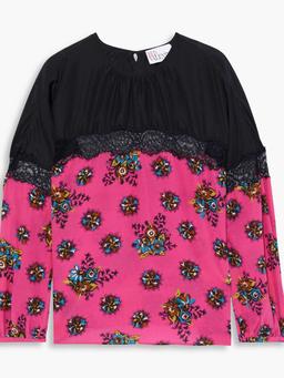 Lace-trimmed floral-print silk crepe de chine blouse